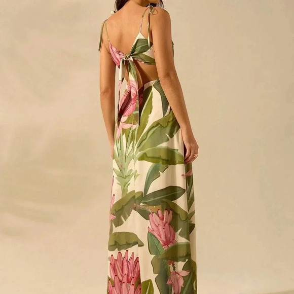 Multicolor Boho Women's Banana Tree Print Sleeveless Spaghetti Strap Dress - Picture 3 of 7